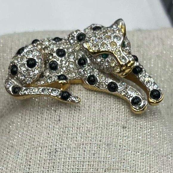 Panther Silver Gold Tone Rhinestones Black Cabochons Green Eye Brooch - Picture 9 of 16